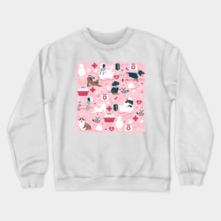 Veterinary medicine, happy and healthy friends // pastel pink background red details navy blue white and brown cats dogs and other animals Crewneck Sweatshirt